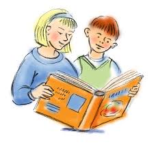 Drawing of two children reading a book